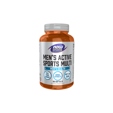 NOW Foods Men's Active Sports Multi 180 Softgels is a dietary supplement containing essential vitamins, minerals, amino acids, and herbs in an MCT oil base.
